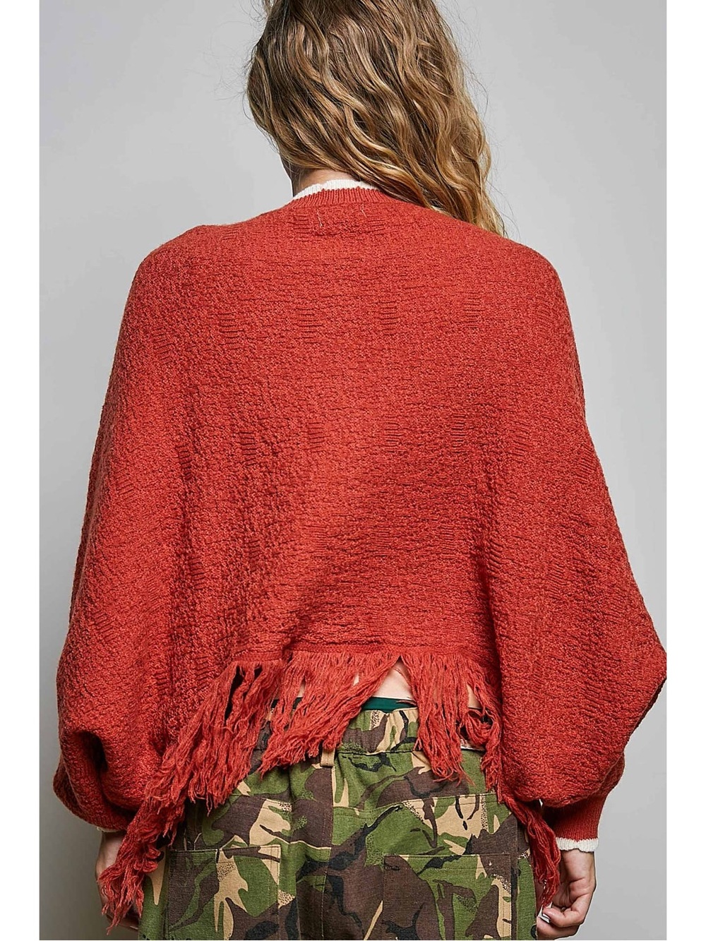 POL Rust Crochet Floral Fringe Hem Boho Oversized Sweater - Picture 4 of 4